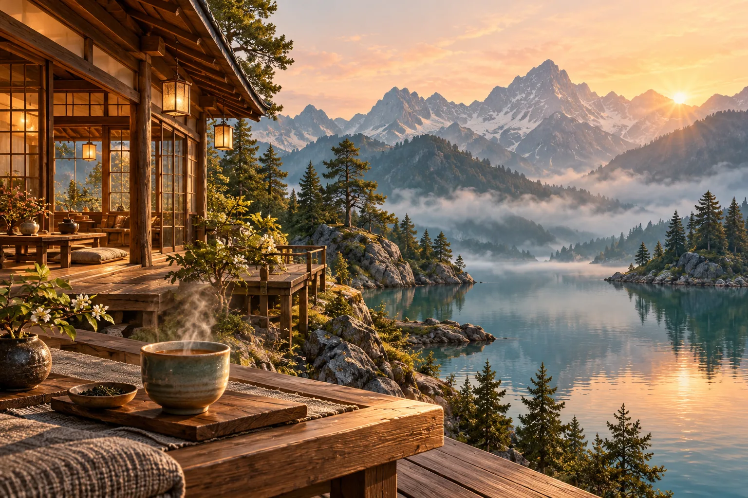 雲霧山間的虛構茶屋插畫