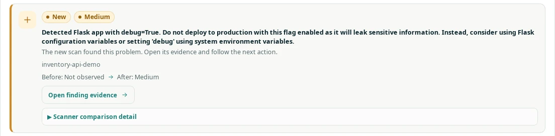 The one new problem: Semgrep detected a Flask app with debug=True, before not observed, after Medium.