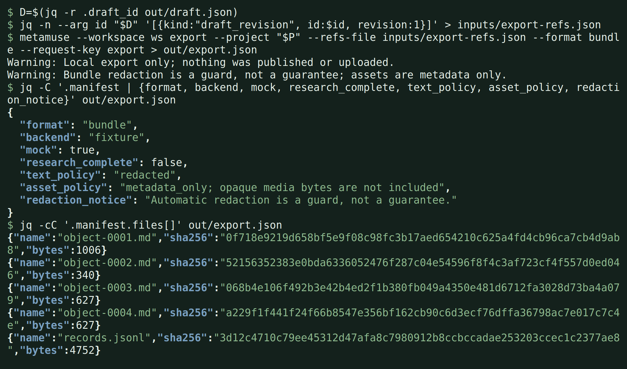 Local bundle manifest, fixture labels and no-publication warnings